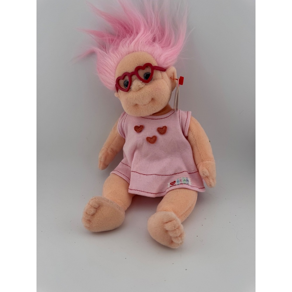 Vintage Ty Beanie Babies Luvie Doll Pink Hair Heart Glasses Pink Dress 1994
